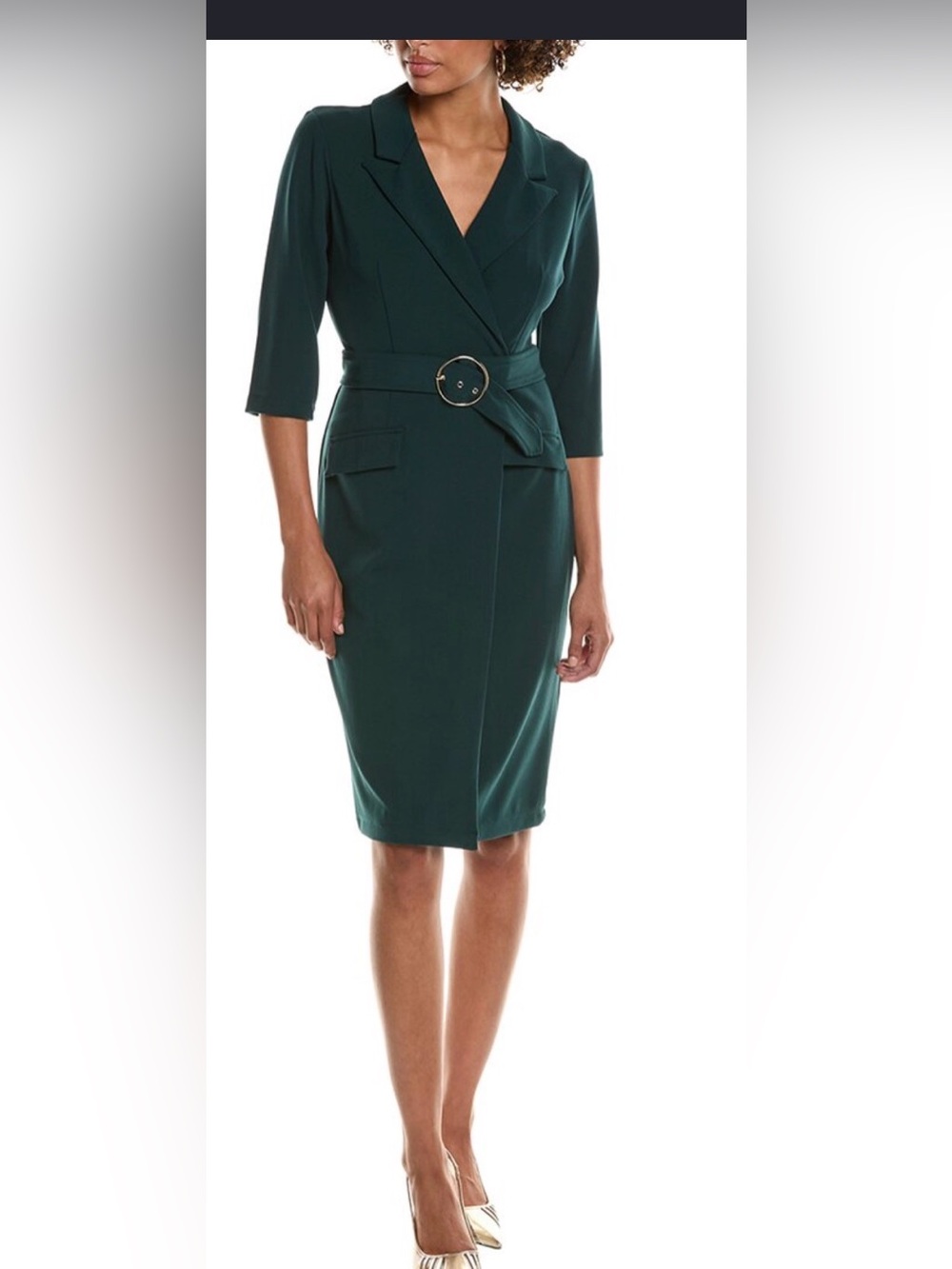 Sharagano Dark Green Belted Sheath Midi Dress
